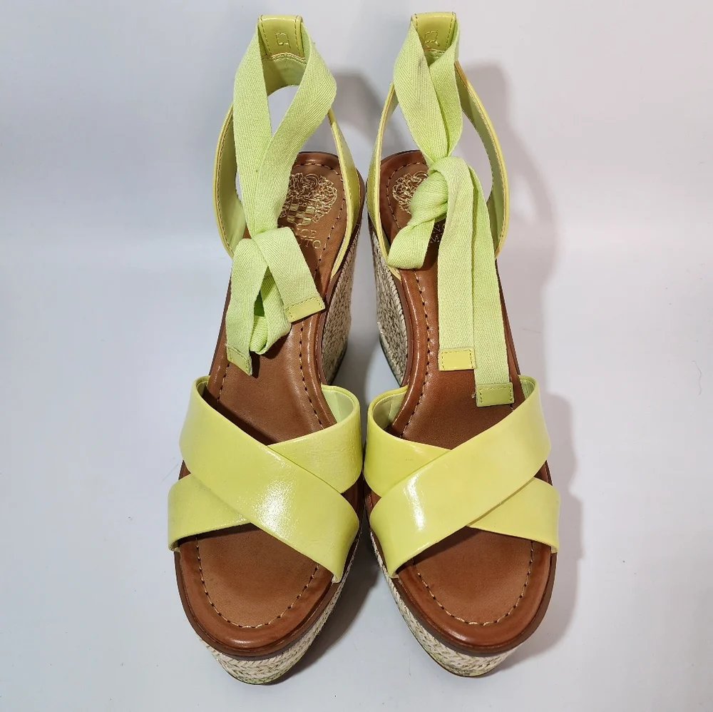 Vince Camuto Pharrah Yellow Green Leather Ankle Tie Espadrille Platform Heels